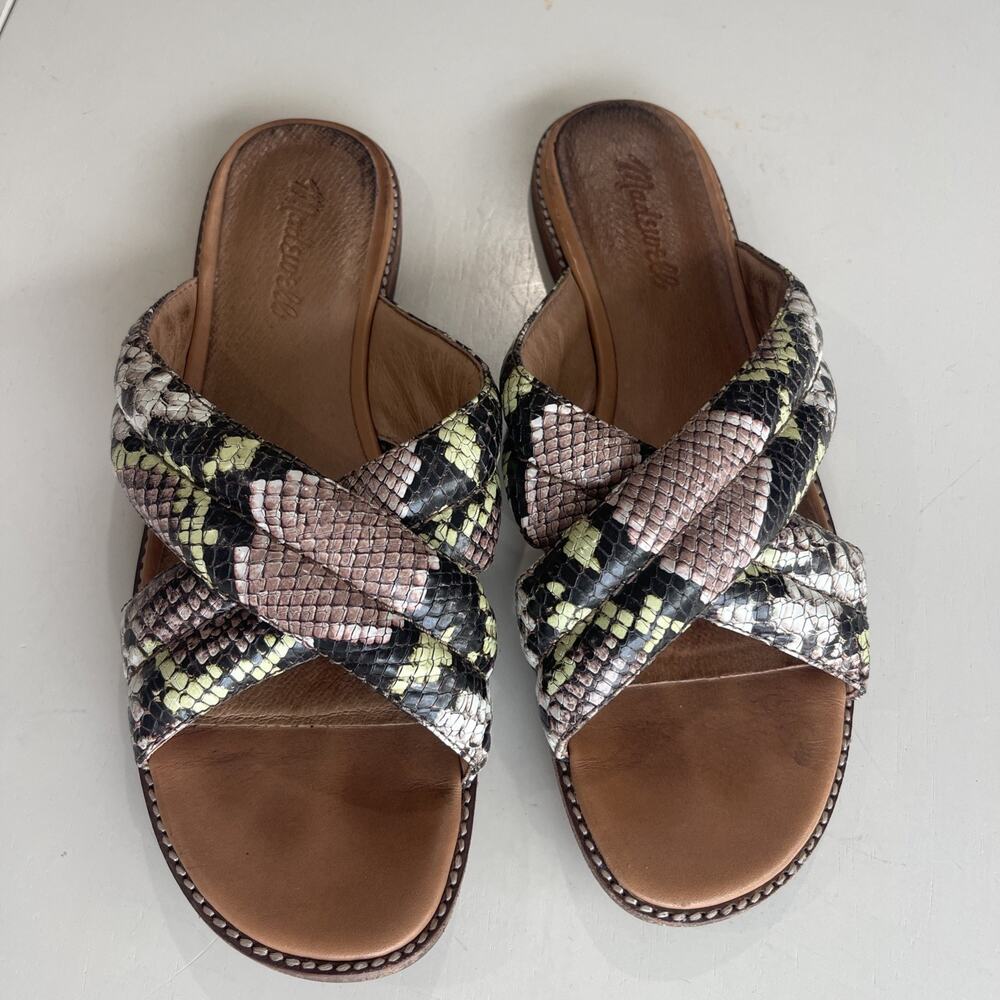 MADEWELL Women Sandal Slide Faux Snake Skin Brown Green Leather Earthy Size 9